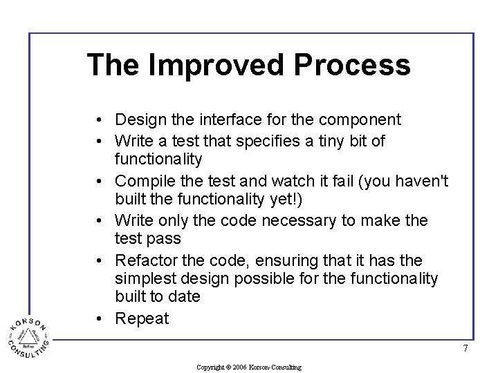 The Improved Process • Design the interface for the component • Write a test