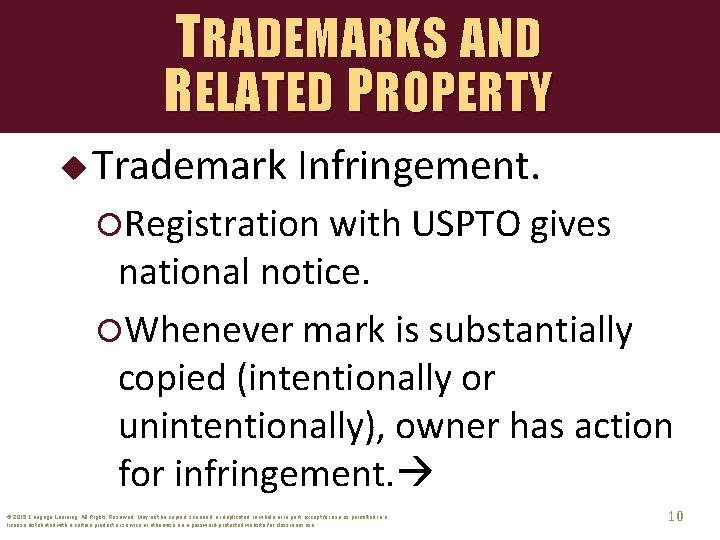 TRADEMARKS AND RELATED PROPERTY u Trademark Infringement. Registration with USPTO gives national notice. Whenever