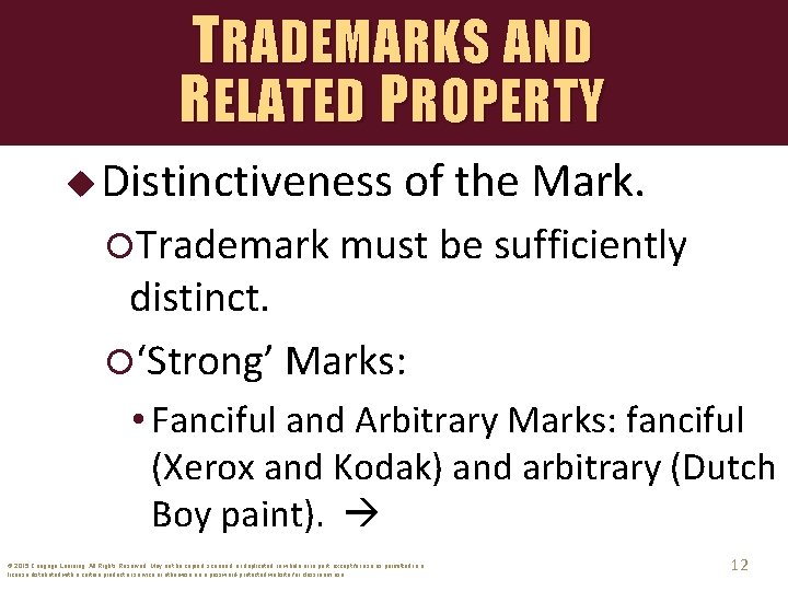 TRADEMARKS AND RELATED PROPERTY u Distinctiveness of the Mark. Trademark must be sufficiently distinct.