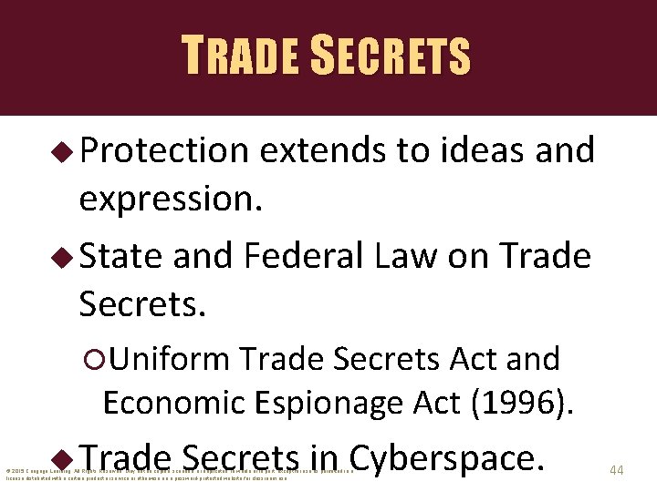 TRADE SECRETS u Protection extends to ideas and expression. u State and Federal Law