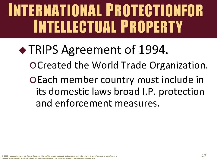 INTERNATIONAL PROTECTIONFOR INTELLECTUAL PROPERTY u TRIPS Agreement of 1994. Created the World Trade Organization.