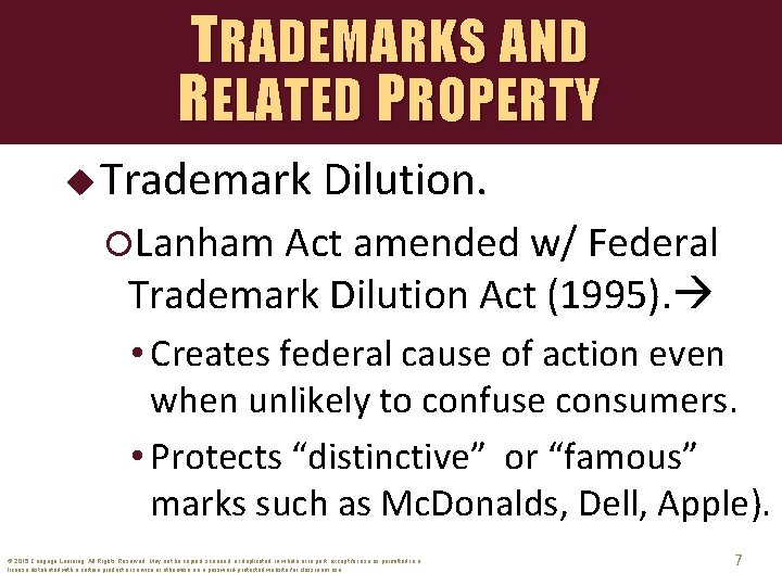 TRADEMARKS AND RELATED PROPERTY u Trademark Dilution. Lanham Act amended w/ Federal Trademark Dilution