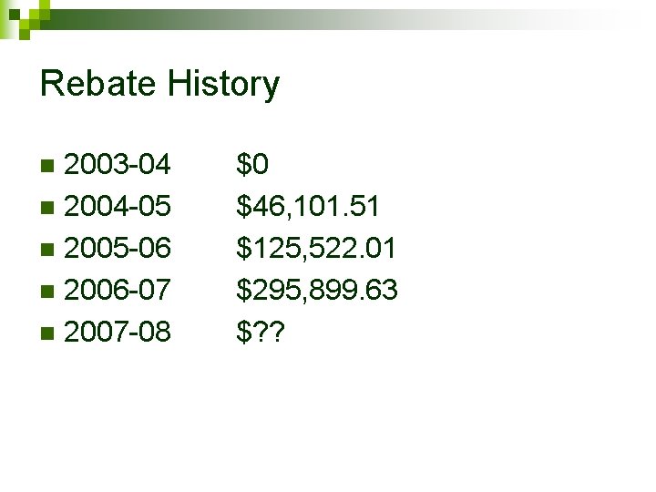 Rebate History 2003 -04 n 2004 -05 n 2005 -06 n 2006 -07 n