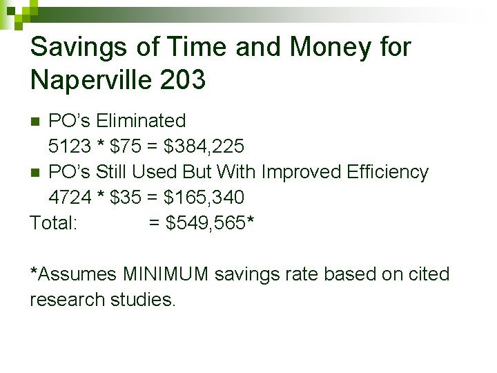 Savings of Time and Money for Naperville 203 PO’s Eliminated 5123 * $75 =