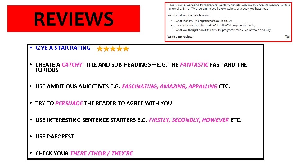 REVIEWS • GIVE A STAR RATING • CREATE A CATCHY TITLE AND SUB-HEADINGS –