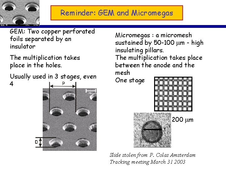 Reminder: GEM and Micromegas GEM: Two copper perforated foils separated by an insulator The