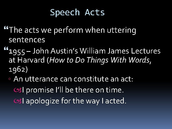 Speech Acts The acts we perform when uttering sentences 1955 – John Austin’s William