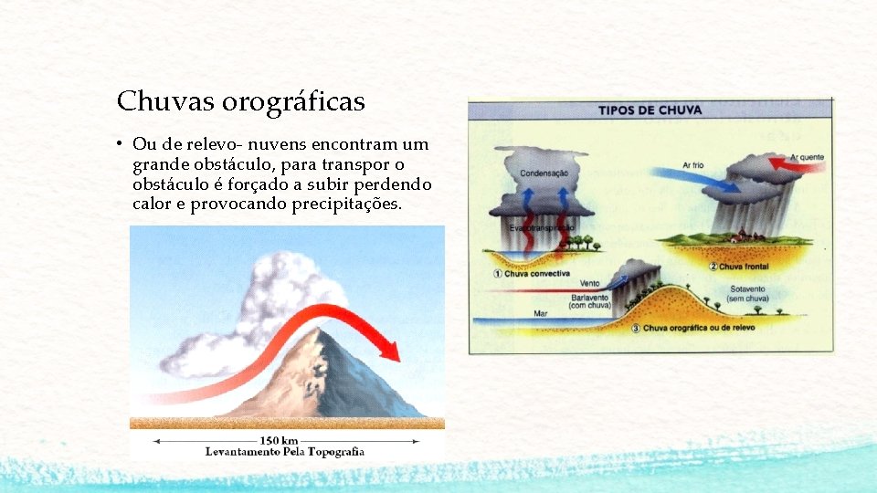 Chuvas orográficas • Ou de relevo- nuvens encontram um grande obstáculo, para transpor o