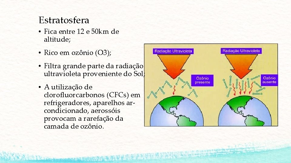 Estratosfera • Fica entre 12 e 50 km de altitude; • Rico em ozônio