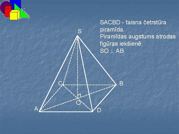 S SACBD - taisna četrstūra piramīda. Piramīdas augstums atrodas figūras iekšienē. SO AB C