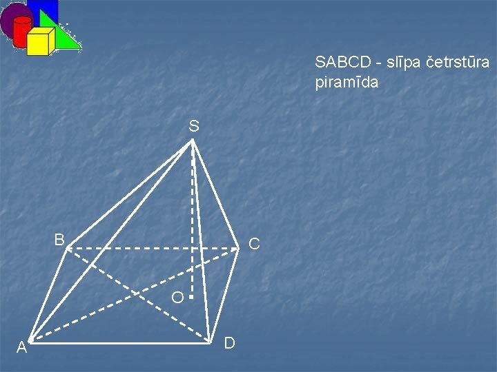 SABCD - slīpa četrstūra piramīda S B C O A . D 