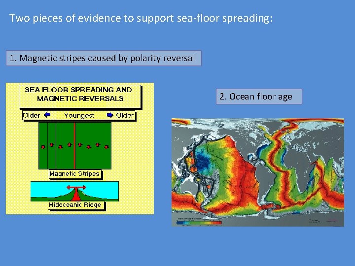 Two pieces of evidence to support sea-floor spreading: 1. Magnetic stripes caused by polarity