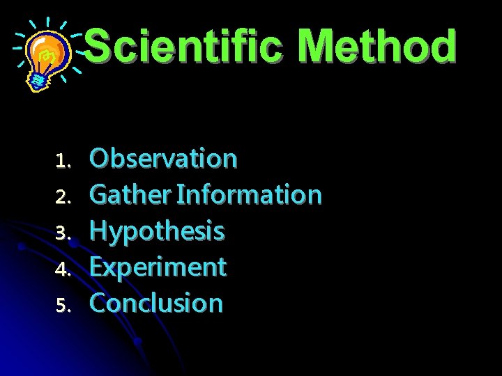 Scientific Method 1. 2. 3. 4. 5. Observation Gather Information Hypothesis Experiment Conclusion 