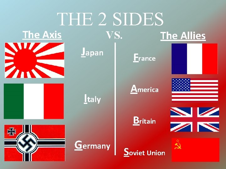 THE 2 SIDES The Axis The Allies VS. Japan Italy France America Britain Germany