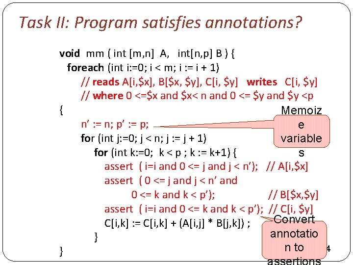 Task II: Program satisfies annotations? void mm ( int [m, n] A, int[n, p]