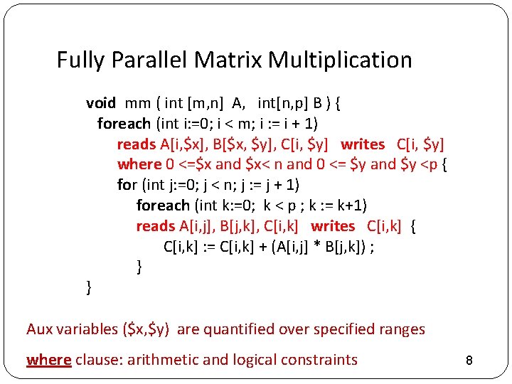 Fully Parallel Matrix Multiplication void mm ( int [m, n] A, int[n, p] B