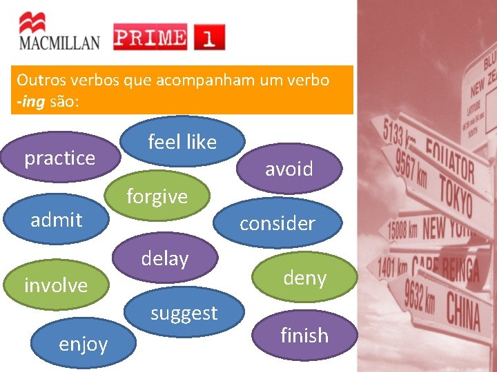 Outros verbos que acompanham um verbo -ing são: practice admit feel like avoid forgive