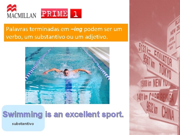 Palavras terminadas em –ing podem ser um verbo, um substantivo ou um adjetivo. Swimming