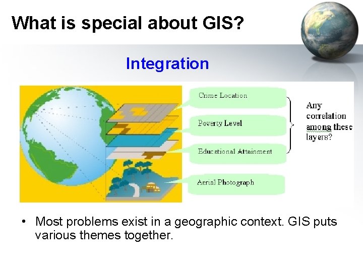 What is special about GIS? Integration • Most problems exist in a geographic context.
