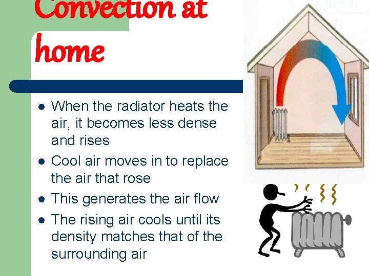 Convection at home l l When the radiator heats the air, it becomes less