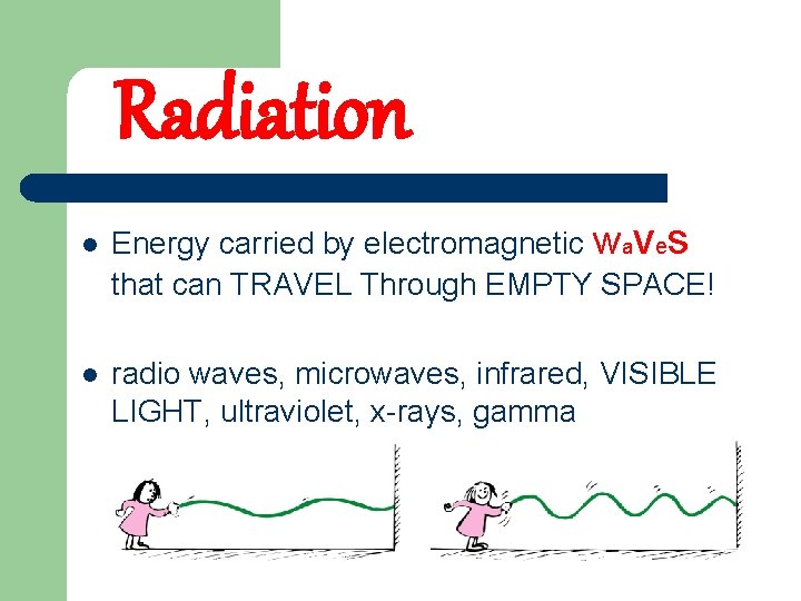 Radiation l l Energy carried by electromagnetic waves that can TRAVEL Through EMPTY SPACE!