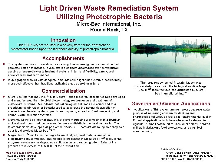 Light Driven Waste Remediation System Utilizing Phototrophic Bacteria Micro-Bac International, Inc. Round Rock, TX