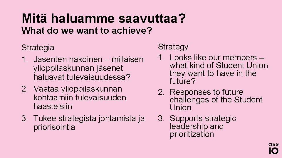 Mitä haluamme saavuttaa? What do we want to achieve? Strategia 1. Jäsenten näköinen –