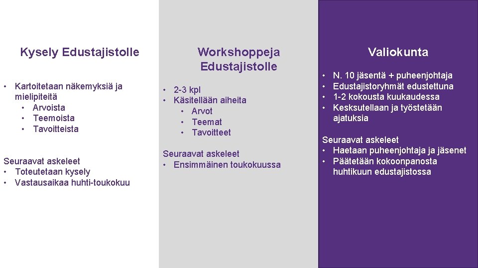 Kysely Edustajistolle • Kartoitetaan näkemyksiä ja mielipiteitä • Arvoista • Teemoista • Tavoitteista Seuraavat