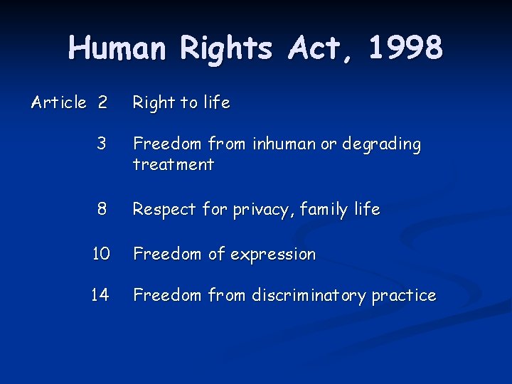 Human Rights Act, 1998 Article 2 Right to life 3 Freedom from inhuman or
