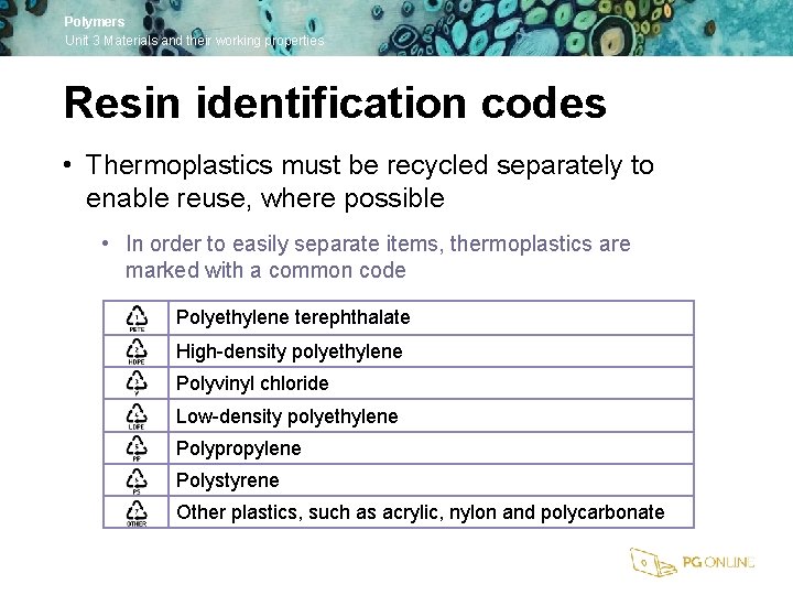 Polymers Unit 3 Materials and their working properties Resin identification codes • Thermoplastics must