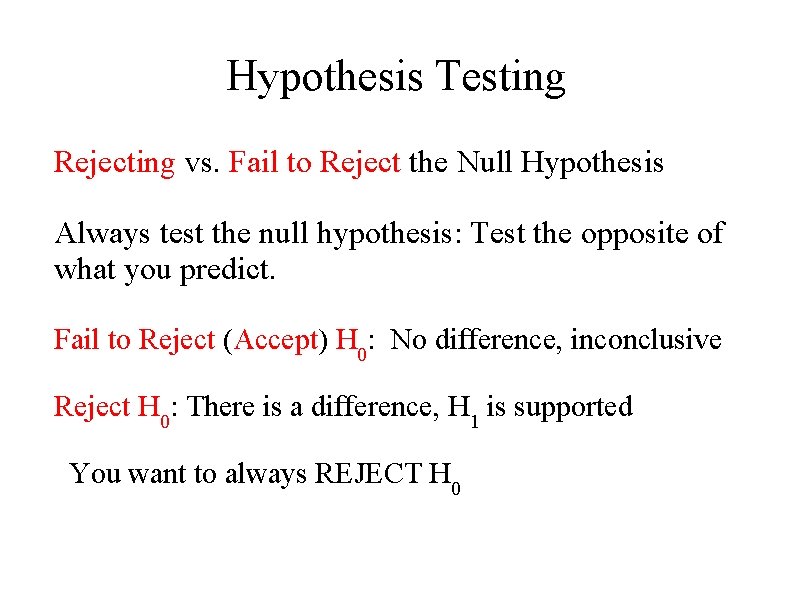 Hypothesis Testing Rejecting vs. Fail to Reject the Null Hypothesis Always test the null