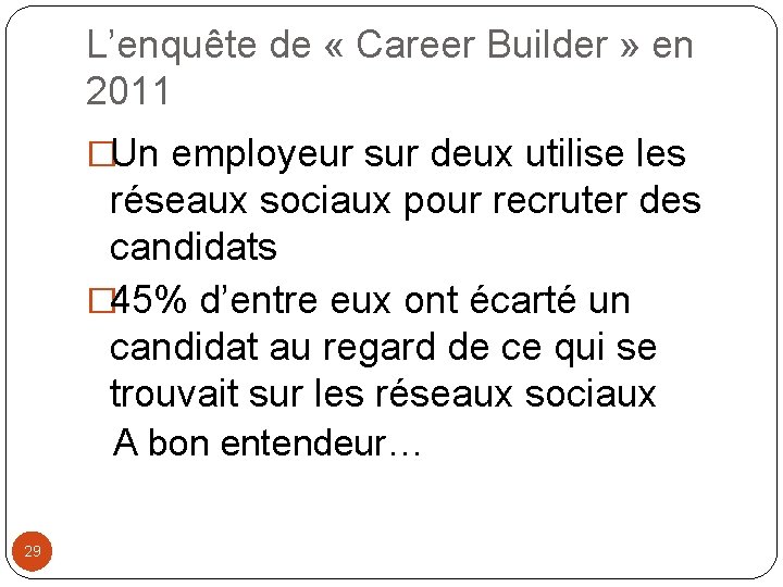 L’enquête de « Career Builder » en 2011 �Un employeur sur deux utilise les