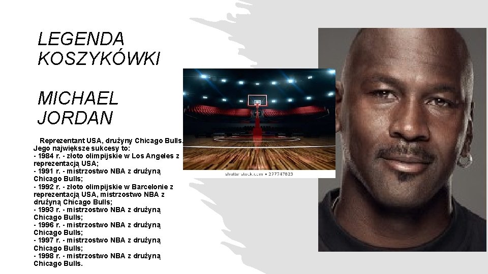 LEGENDA KOSZYKÓWKI MICHAEL JORDAN Reprezentant USA, drużyny Chicago Bulls. Jego największe sukcesy to: -