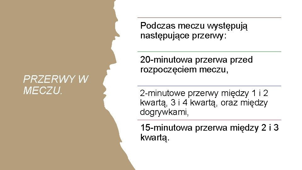 Podczas meczu występują następujące przerwy: PRZERWY W MECZU. 20 -minutowa przerwa przed rozpoczęciem meczu,