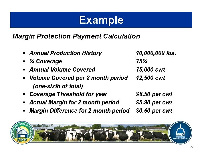 Example Margin Protection Payment Calculation § § Annual Production History % Coverage Annual Volume