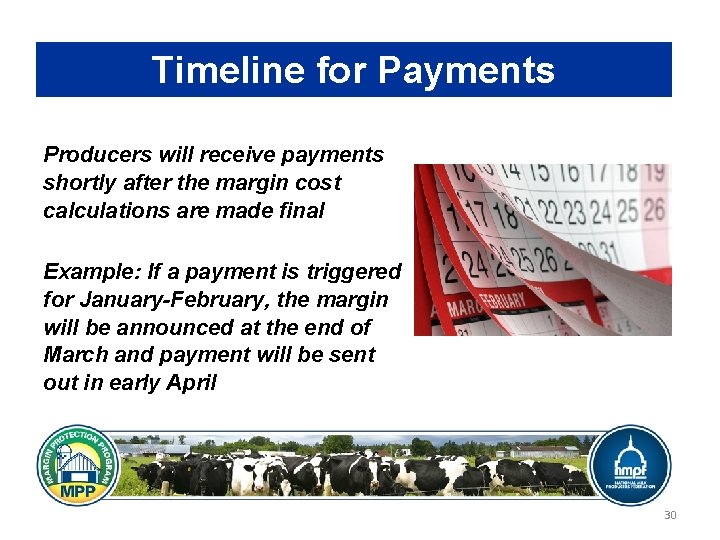 Timeline for Payments Producers will receive payments shortly after the margin cost calculations are