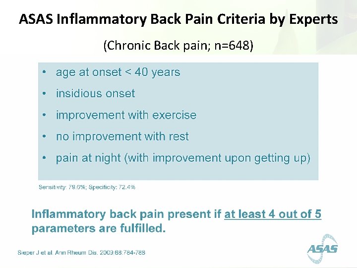 ASAS Inflammatory Back Pain Criteria by Experts (Chronic Back pain; n=648) 