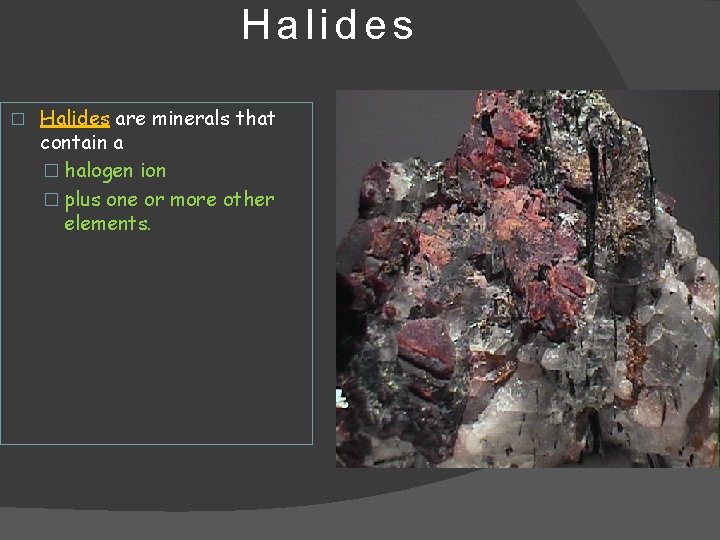 Halides � Halides are minerals that contain a � halogen ion � plus one