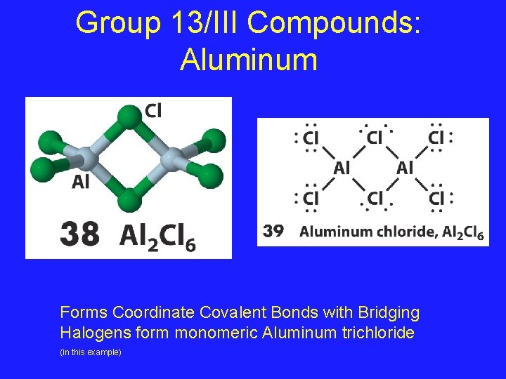 Group 13/III Compounds: Aluminum Forms Coordinate Covalent Bonds with Bridging Halogens form monomeric Aluminum