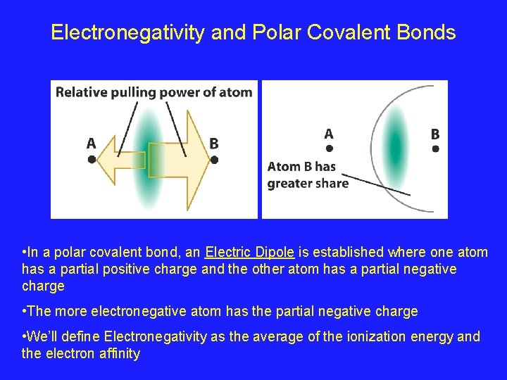 Electronegativity and Polar Covalent Bonds • In a polar covalent bond, an Electric Dipole