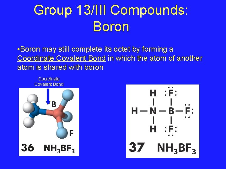 Group 13/III Compounds: Boron • Boron may still complete its octet by forming a