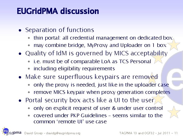 EUGrid. PMA discussion · Separation of functions · thin portal: all credential management on