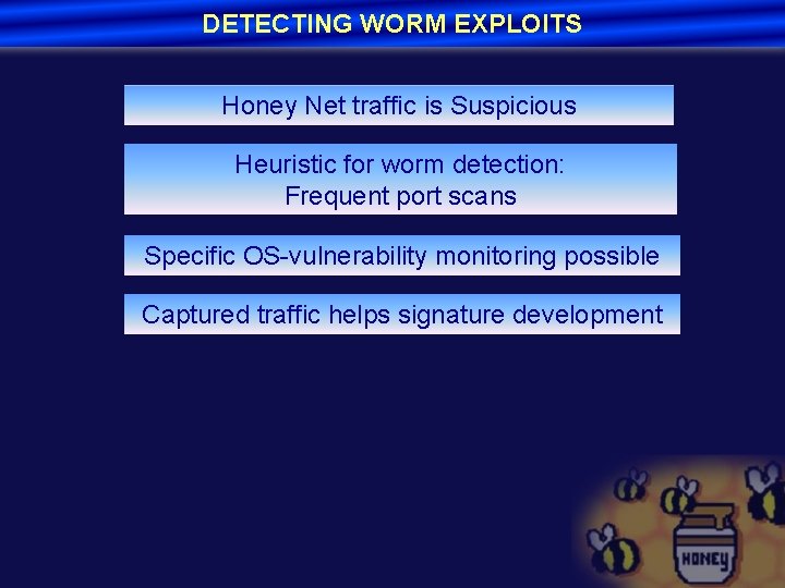 DETECTING WORM EXPLOITS Honey Net traffic is Suspicious Heuristic for worm detection: Frequent port