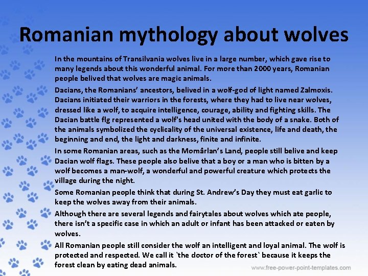 Romanian mythology about wolves In the mountains of Transilvania wolves live in a large