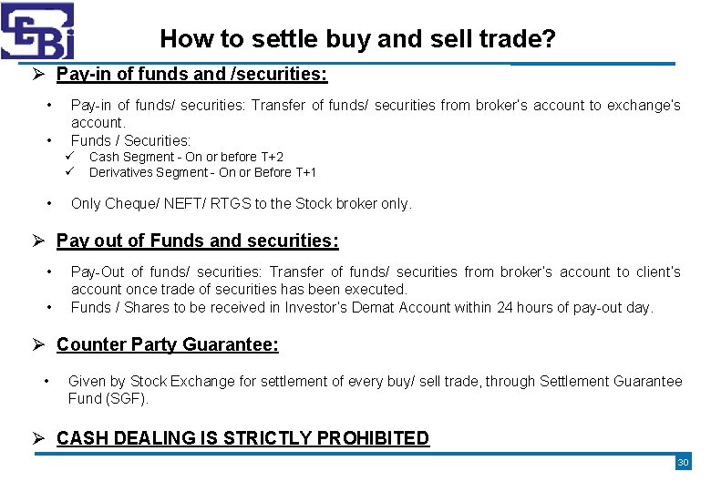 How to settle buy and sell trade? Pay-in of funds and /securities: • •