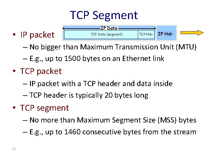 TCP Segment • IP packet IP Data TCP Data (segment) TCP Hdr IP Hdr