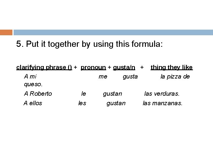 5. Put it together by using this formula: clarifying phrase () + pronoun +