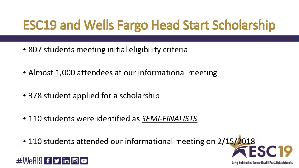 ESC 19 and Wells Fargo Head Start Scholarship • 807 students meeting initial eligibility
