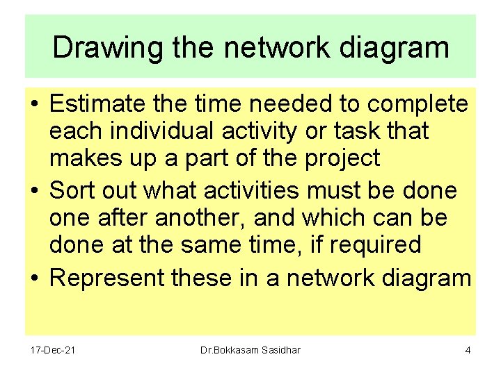 Drawing the network diagram • Estimate the time needed to complete each individual activity