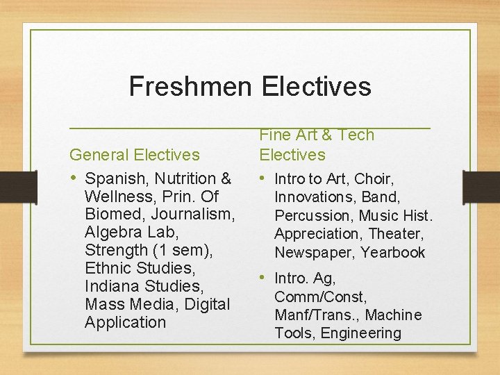 Freshmen Electives General Electives • Spanish, Nutrition & Wellness, Prin. Of Biomed, Journalism, Algebra